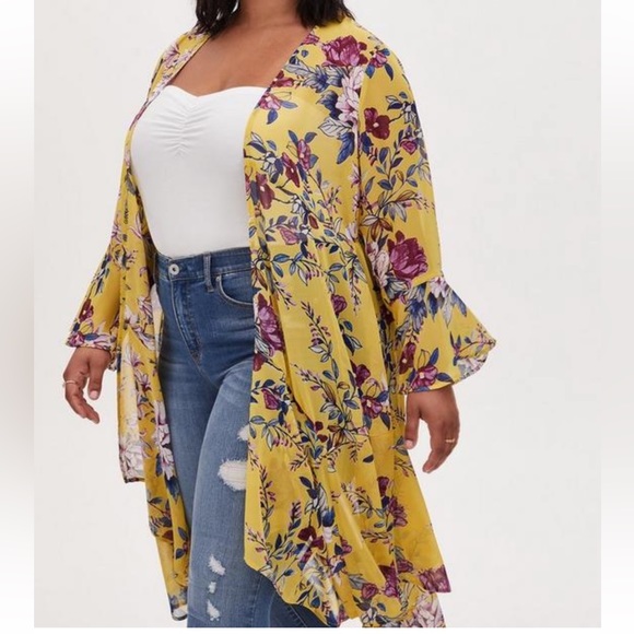 torrid Jackets & Blazers - Torrid Yellow Floral Prints Chiffon Maxi Duster Kimono